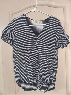 Michael Kors Navy and White Striped V-Neck Blouse